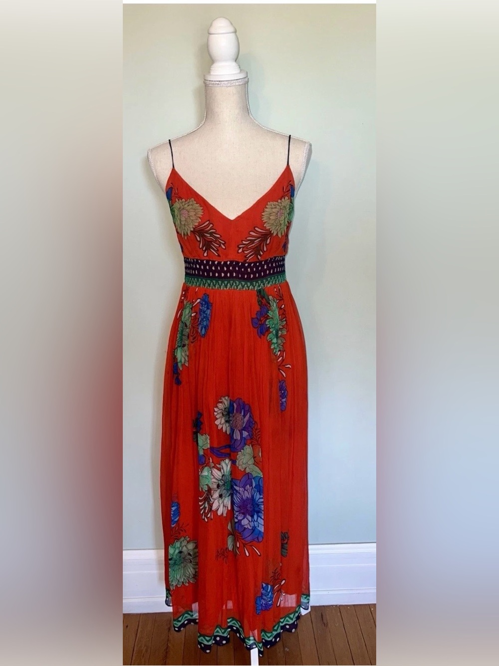 Maeve Red Floral Maxi Dress with Green and Blue Accents